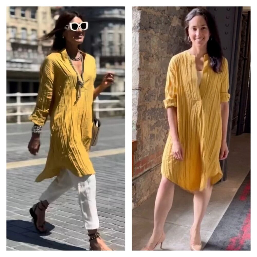 NWT ZARA PLEATED LINEN BLEND TUNIC DRESS MUSTARD